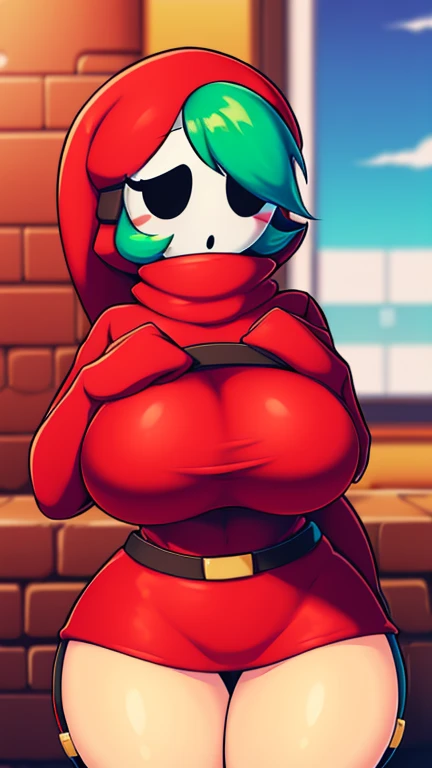 (best quality, masterpiece1.2), 1girl, solo, human, shygal, mask,3d render, red eyes, hoodie, freckles, cally3d, predator eyes, cleavage, tall, hood down, shorts, blue hair, dark skinned female, :<