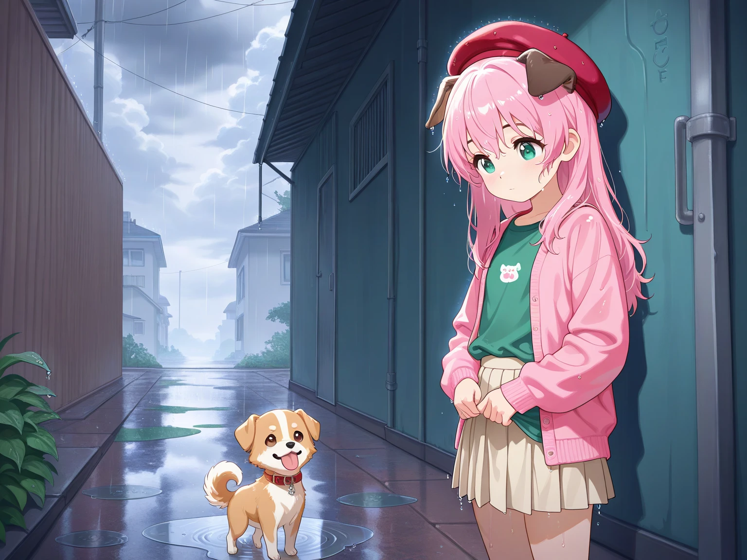 The background is on the street on a rainy day,It was raining heavily in the sky,There are a lot of passers-by holding umbrellas nearby,The camera faces the ground,A pink-haired teenage girl(Pink Long Hair,dual horsetail,Cat ears,Pale pink eyes,Squatting position,The upper body is wearing a white skirt,The lower body is not dressed,Bare lower body,legs separated,Private areas exposed,female genital,A white viscous liquid flows from the female genitalia,Masturbation,vaginal dilation)