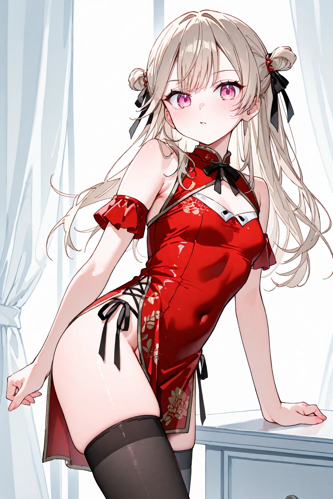 1girl, evil neuro-sama, (yuzu modoki), red eyes, light brown hair, ahoge, two side up, hair ribbon, dark red ribbon, heart hair ornament, chinese clothes, china dress, (masterpiece, best quality), highly detailed, finely detailed, wet, steam, looking at viewer, covered nipples, armpits, arms behind head, bare legs, barefoot, covered navel, side slits,