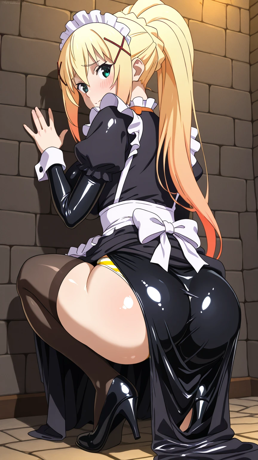 Beautiful tall redhead nun, with big tits, long legs, good thighs and nice ass, wearing long black over the knee stockings with black heels, totally exposing her tits and vagina. She has her tits and vagina totally exposed. She is having sex with a man who can only see his big penis, which is being caressed and crushed by the nun&#39;s heels in an erotic and sensual way.. She is dominatingly crushing a big penis with her heels 