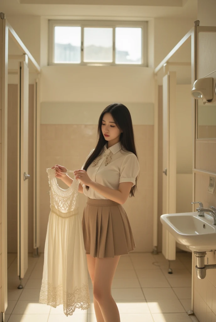 Thailand young student girl pee in the school's toilet, she take the student uniform skirt up above ass, she turn her face back, show real pussy, show real vagina , show ass.