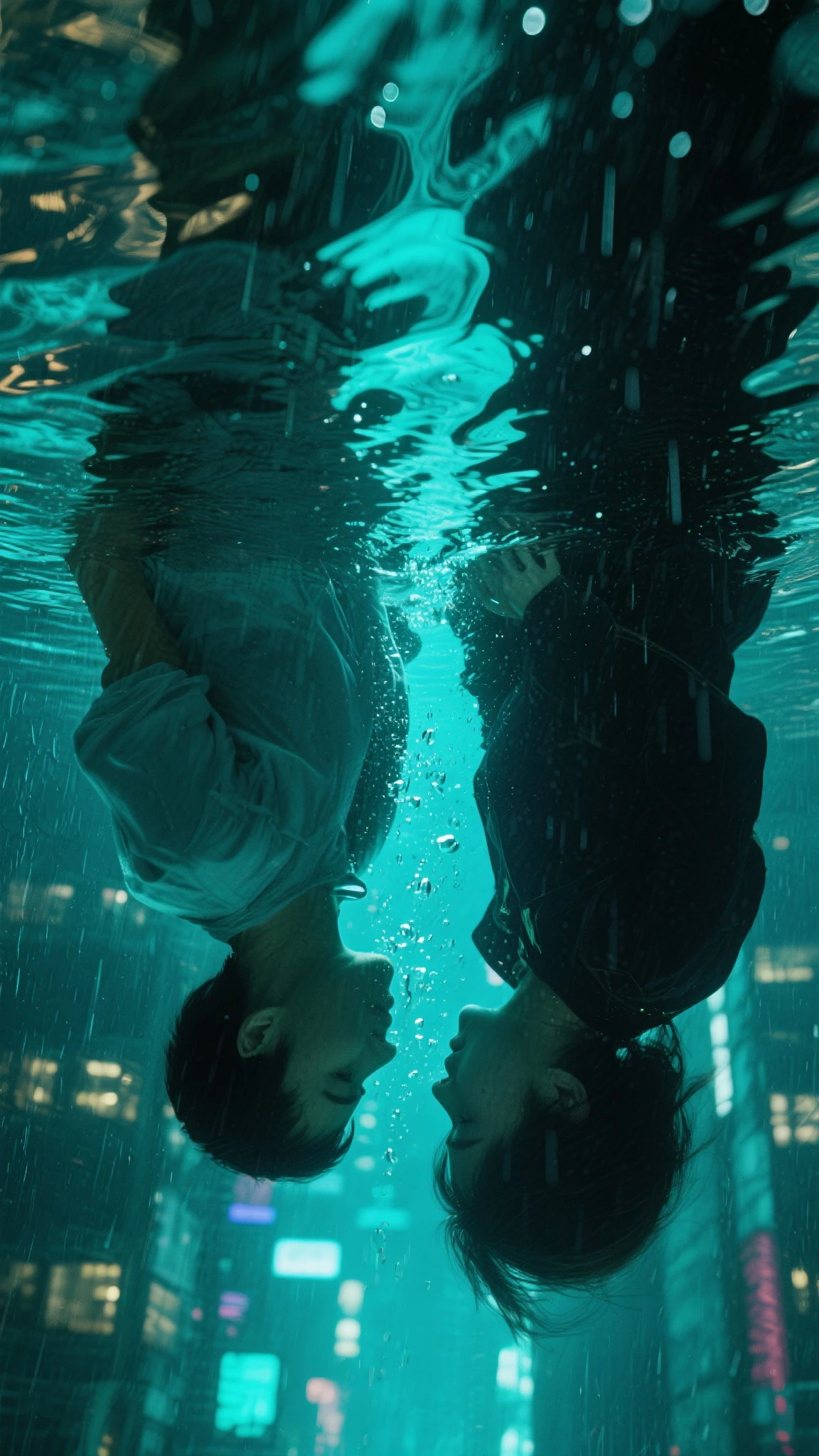Two men in the pool，A man kisses his man, Transparent shirt cool tones 