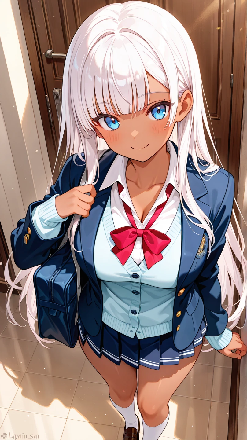 masterpiece, best quality, ultra detailed, 1girl, dark skin, twin tails, pleated skirt, thighhighs, cardigan, show striped panties, skirt fluttering in the wind, put hands hip, blush, aroused, camel toe, 