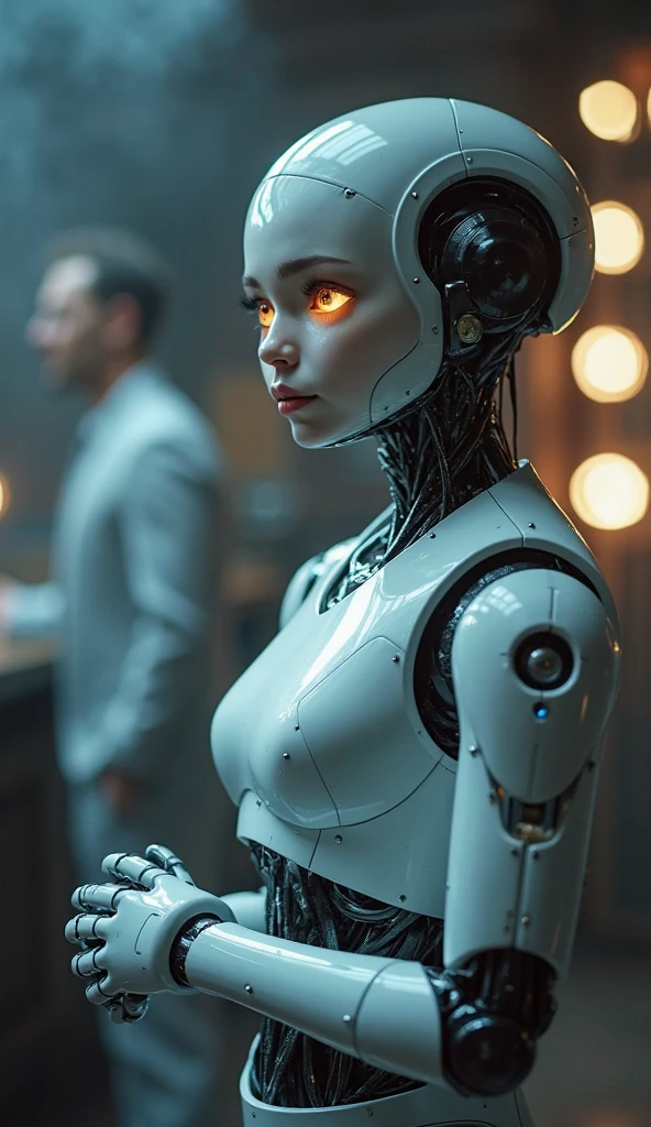 A cyborg girl sits at a table in a street cafe, Best quality, high quality, absurdity, happiness, masterpiece, Beautiful, complex parts, 1/2 body trimmings, slender body, Beautiful figure, Magnificent Anatomy, (complex parts:1.12), HDR, (complex parts, hyperdetailing:1.15), (natural skin textures, hyperrealistic, soft light, spicy:1.2)