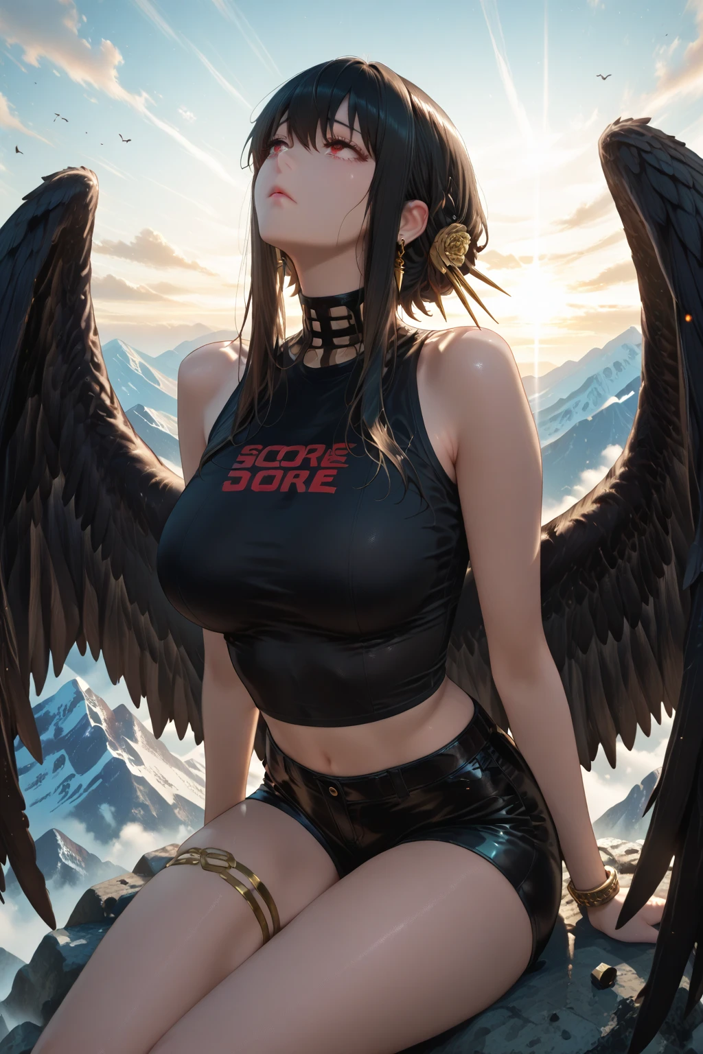 1girl, standing, solo, standing, covering self, bikini armor, (pasties:1.5), pink eyes, brown hair, field, embarrassed, full-face blush, (medium breasts), floating breasts, long hair, braided hair, pauldrons, leg armor, angel wings, halo,
(from above:1.5), sword,