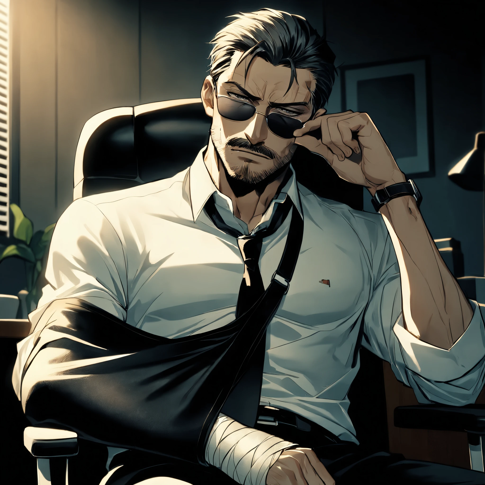 A middle-aged mafia boss patient man sitting down on the bed in the hospital at midnight, Detailed face, Captivating look, moustache, Masculine face, Muscular body, Prominent veins, wearing patient uniform, sunglass, alone, only a man, bandaged his injured head,his broken left arm is in a black sling,