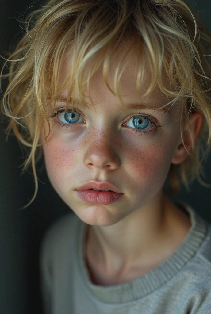 blonde boy with blue eyes, white skin, upturned nose and cold look
