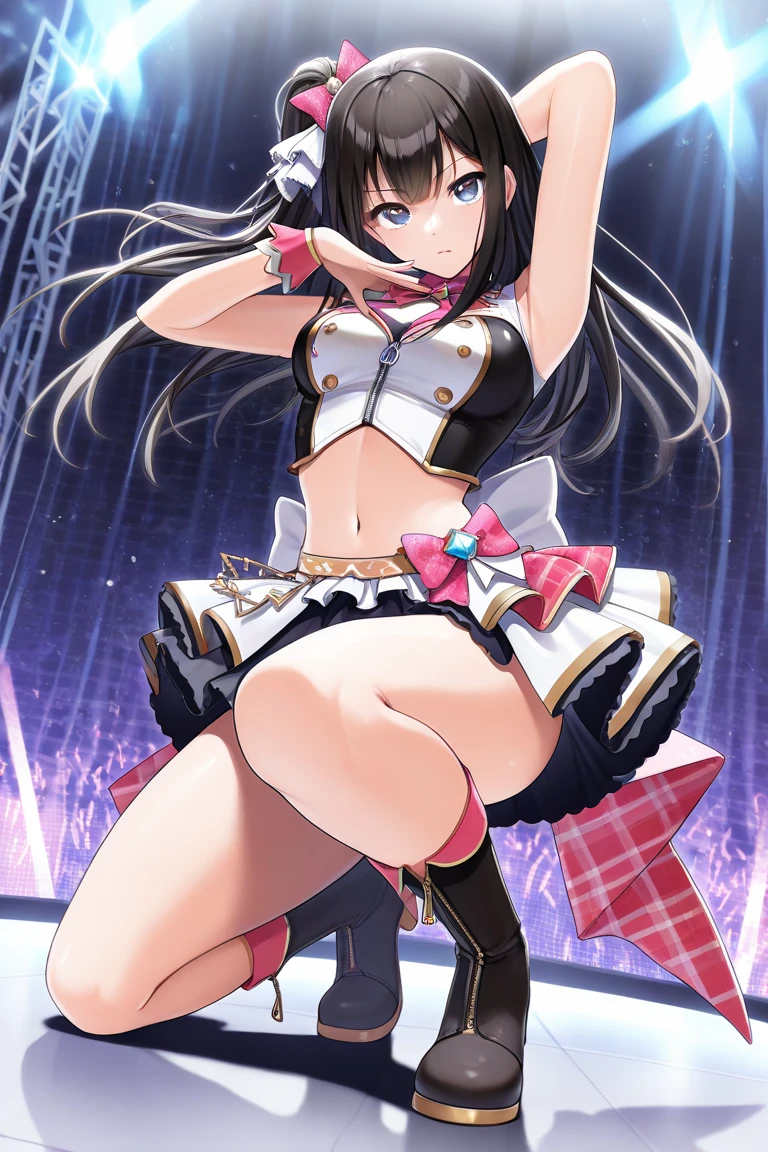 MIZUNOFUUKA, BLUE HAIR, BLACK HAIR, PONYTAIL, SCRUNCHIE, HAIR ORNAMENT, LONG HAIR, RED EYES,, large breasts,, Live Stage, solo, nsfw