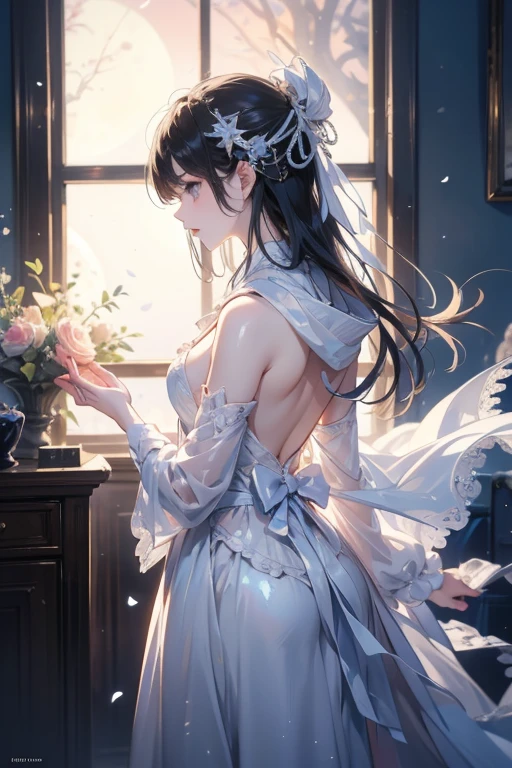 A girl, long white dress, dance studio, mirror wall, sunlight, glass windows, best quality, masterpiece, high resolution, 8k