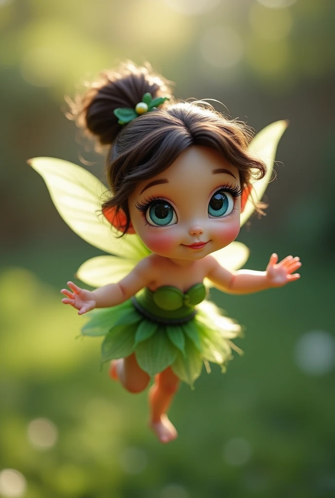 Create a scene where an adorable real baby girl is wearing a costume of the character from the cartoon Cininho ultra realistic 4k motion camera from the Peter Pan cartoon, parading on the catwalk