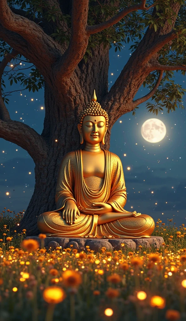 Paintings with acrylic paints of temples and Buddha statues in the Ayutthaya period, B.E..Prof.2310 Mid-Kin, full moon, perfect picture arrangement., Surrealism, backlighting, uhd