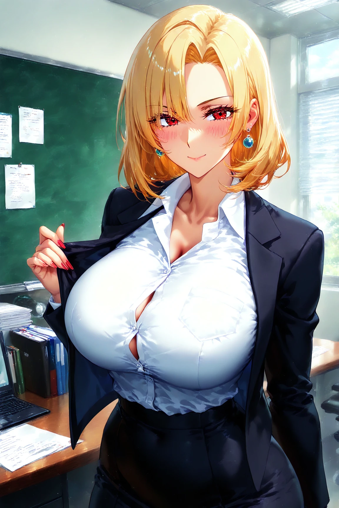 1girl, masterpiece, best quality, medium full shot, blonde ponytail, ((unbuttoned school uniform, cleavage, sexy body)), smiling, erotic pose, busty