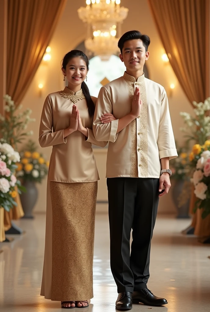there are two people standing together in a room, lovely couple, sukhothai costume, traditional dress, wearing traditional garb, traditional clothes, traditional clothing, couple, traditional tai costume, traditional costume, in style of thawan duchanee, in style of lam manh, traditional, tai costume, wearing authentic attire, nivanh chanthara, happy couple