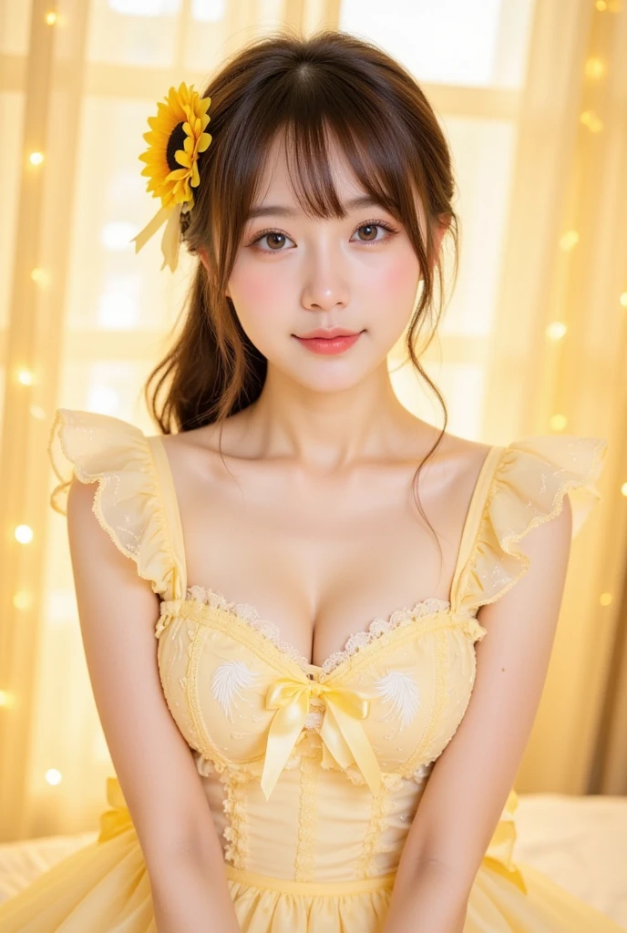 (best quality:1.5), (masterpiece:1.5), (Realistic:1.5), ((Portrait)), very detailed, high resolution, 8k, cute Japanese woman, cute beauty, (medium breasts), thin lips, detailed face, Beautiful and elegant face, cute face, natural bangs, arched eyebrows, well-groomed eyebrows, (big eyes with a good balance between the left and right sides), cute eyes, beautiful eyes, beautiful thin nose, beautiful face line, (beautiful skin), medium Hair, (natural bangs:1.5), (Gentle smile), smooth skin skin, fair skin, (Natural Light:0.8), (lighting forward:0.8), (lighting front:0.8), (Flat lighting:0.8), (cute smile), Detailed fingers, beautiful hands, (round face:1.4), ((topless:1.4)), ((Beautiful nipples:1.5)), White wallpaper,