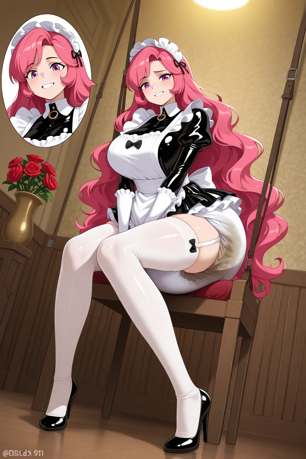 masterpiece,Beautiful adult woman ,Megurine Luka,Big Breasts,Bunny girl,Black leotard,Pink long hair,blue eyes,Embarrassed expression,blush,Grabbing or touching the penis,Blowjob,Taking the penis deep in the mouth,,Bedroom,front,Complete human body