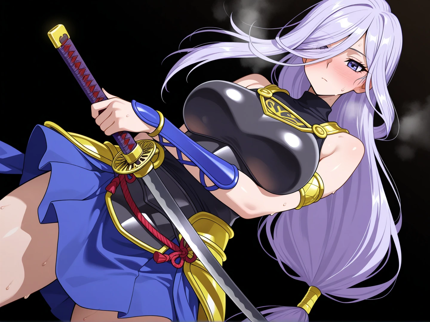 best quality, (masterpiece),(ultra-detailed), (high quality), (high resolution), 1girl, bandana, bandeau, blue eyes, cleavage, dark skin, dark-skinned female, earrings, eyelashes, hoop earrings, jewelry, long hair, medium breasts, pirate, solo, solo focus, white background, white hair, zola, full body standing, seriouse facial expresion, pants,holding sword,walking, smug,misteryous