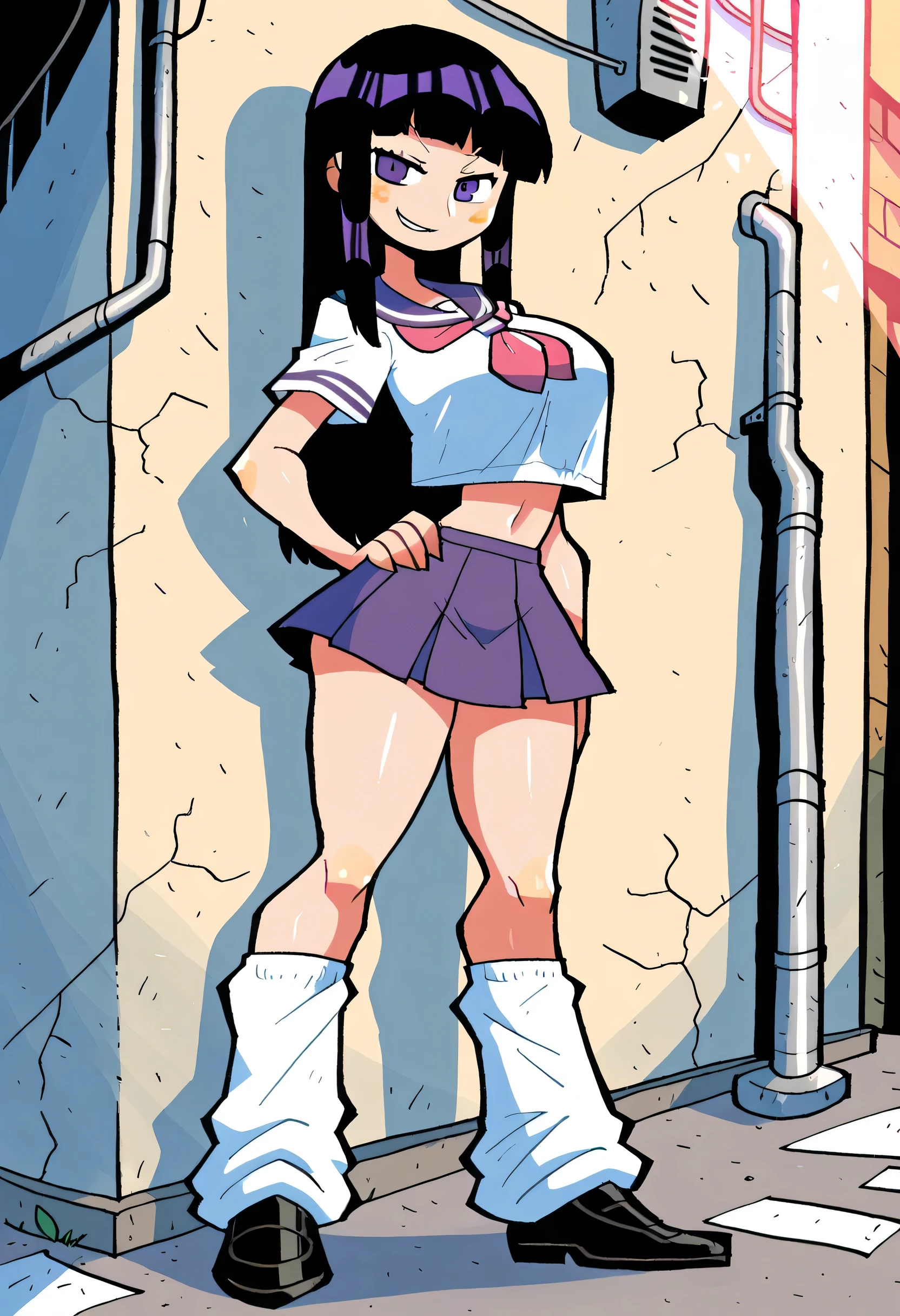 (videl), 1girl, black hair, best quality, ultra detailed, solo, blue eyes, bangs, medium breasts, white shirt, necktie, stare, smile, (angry), looking at viewer, (interview:1.3), desk, sunset, warm lighting, large window