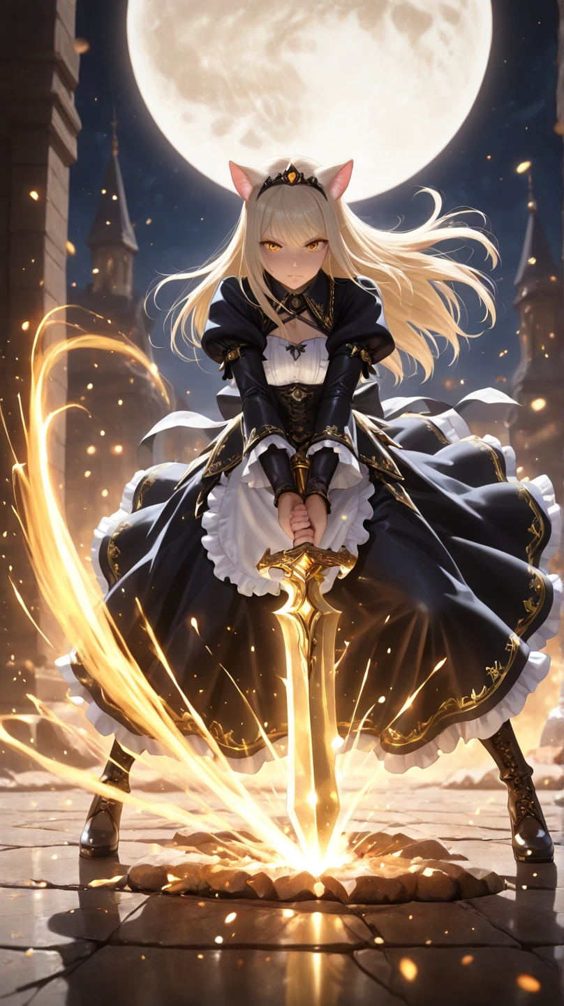 （ Elements、High resolution、High resolution、high quality、Accurate body structure、Detailed body） そびえ立つ巨人のblonde少女，50,000 feet high、Looking up at the approaching woman from below、Giants attack the city、cute、blonde、Destroy a small townWomen、Destroy a small town、Mischievous look、(Maid clothes)Japanese、White skin、巨人blonde女、smile、Trampling buildings、rubble、Burning Small Town、Destroyed small building、Collapsed highway、Cars are crushed、Evacuation of residents、sunset、Burning Small Town、please、walk、Trampling、Anatomically correct、Accurate human body、Accurate skeleton、Full body portrait、blue eyes、足元にrubbleが散らばっている、taller than a skyscraper、Major impact、wonderful、 Elements、Draw a woman in a big way、Increase the destructive element、Making cities smaller