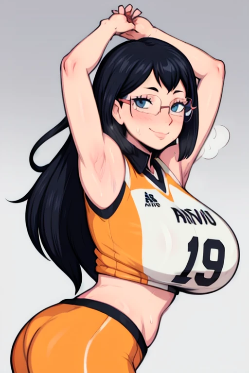 masterpiece, best quality, shimizu kiyoko looking at viewer, black hair, blue eyes color, very large breasts, upper body, portrait, looking at viewer, tired expression, armpits, armpits visible, sweaty armpits, wearing black orange volleyball uniform, wearing glasses, nipple hard