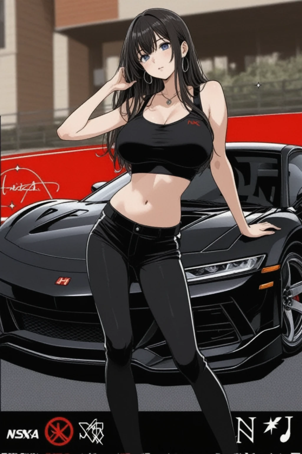 (best quality:1.3), (4K quality), (Detailed face:1.2), (Detailed eyes:1.2), (detailed woman), 1girl, solo, Taiwanese woman, long black hair, With bangs,1 female in, 28 yo, Beautiful face, glossy lips, red lipstick, closed mouth, smirk, big breasts, deep cleavage, pale skin, ((Wearing: White tight tank top, Tight short-shorts, red high-heel shoes)), standing. (Background: Indoors, Auto show, Motor show, Sports car). The woman is an a race queen
