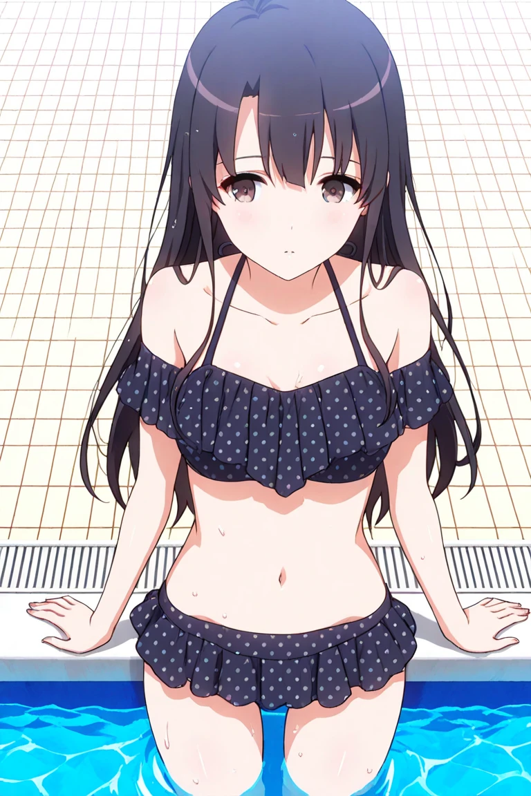 Standing by the pool at an empty school、Long black hair、Swimwear、mini skirt、Cute Face、barefoot、Smiling、Full body portrait