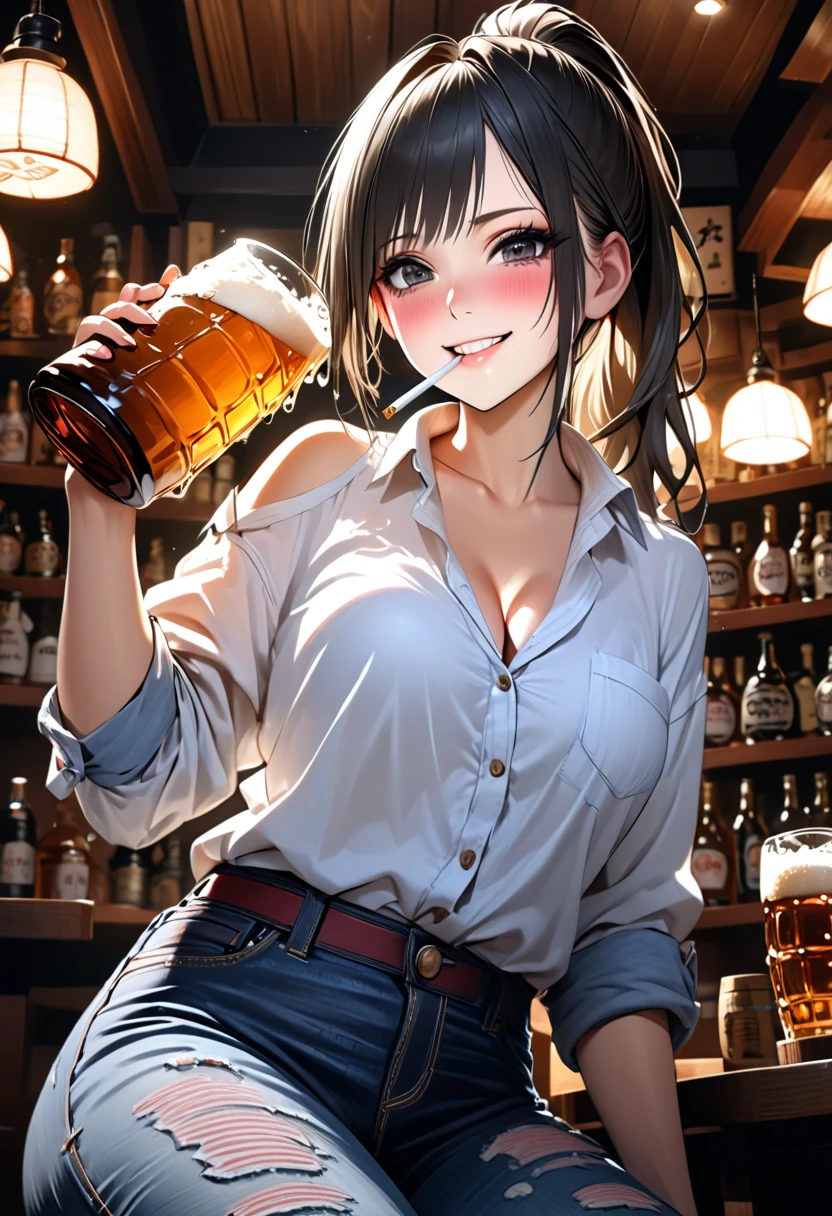 bar\(place\), holding beer mug, sitting, on floor,  <lora:cana-05:1>, canafh, pants, 1girl, masterpiece, absurdres , cinematic lighting,bust shot,extremely detailed CG unity 8k wallpaper, cowboy shot,