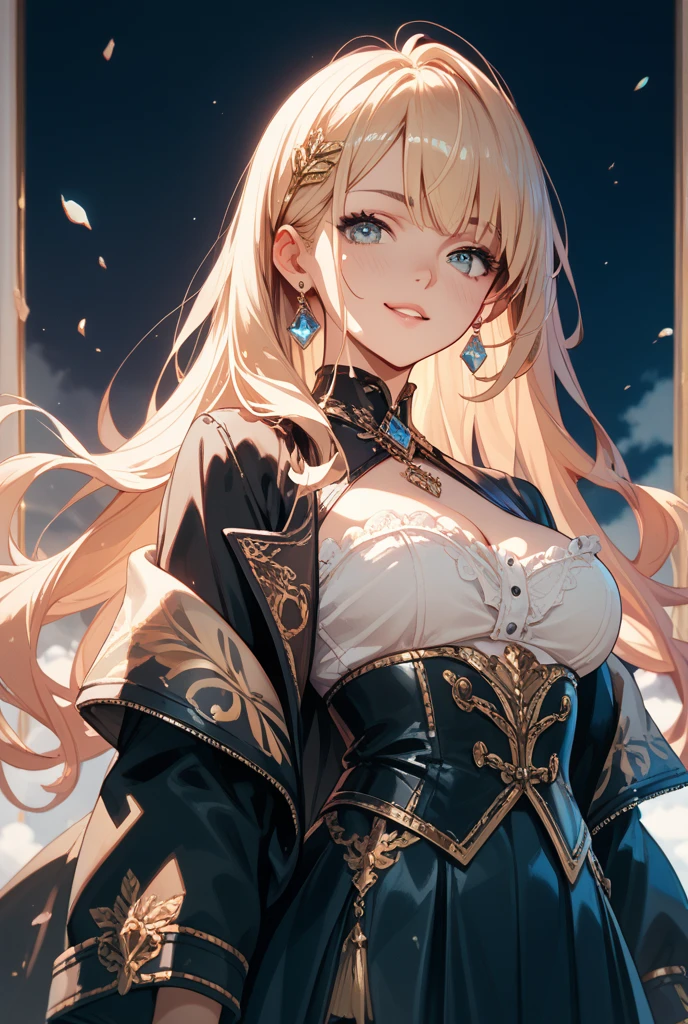 Very detailed、highest quality、Best image quality、masterpiece、8k、Anime Face、A kind smile、Open your mouth、Sparkling blue eyes、(Blonde wavy hair:1.5)、、Muscles of the whole body、Hands on hipini skirt、camisole、Thigh belt