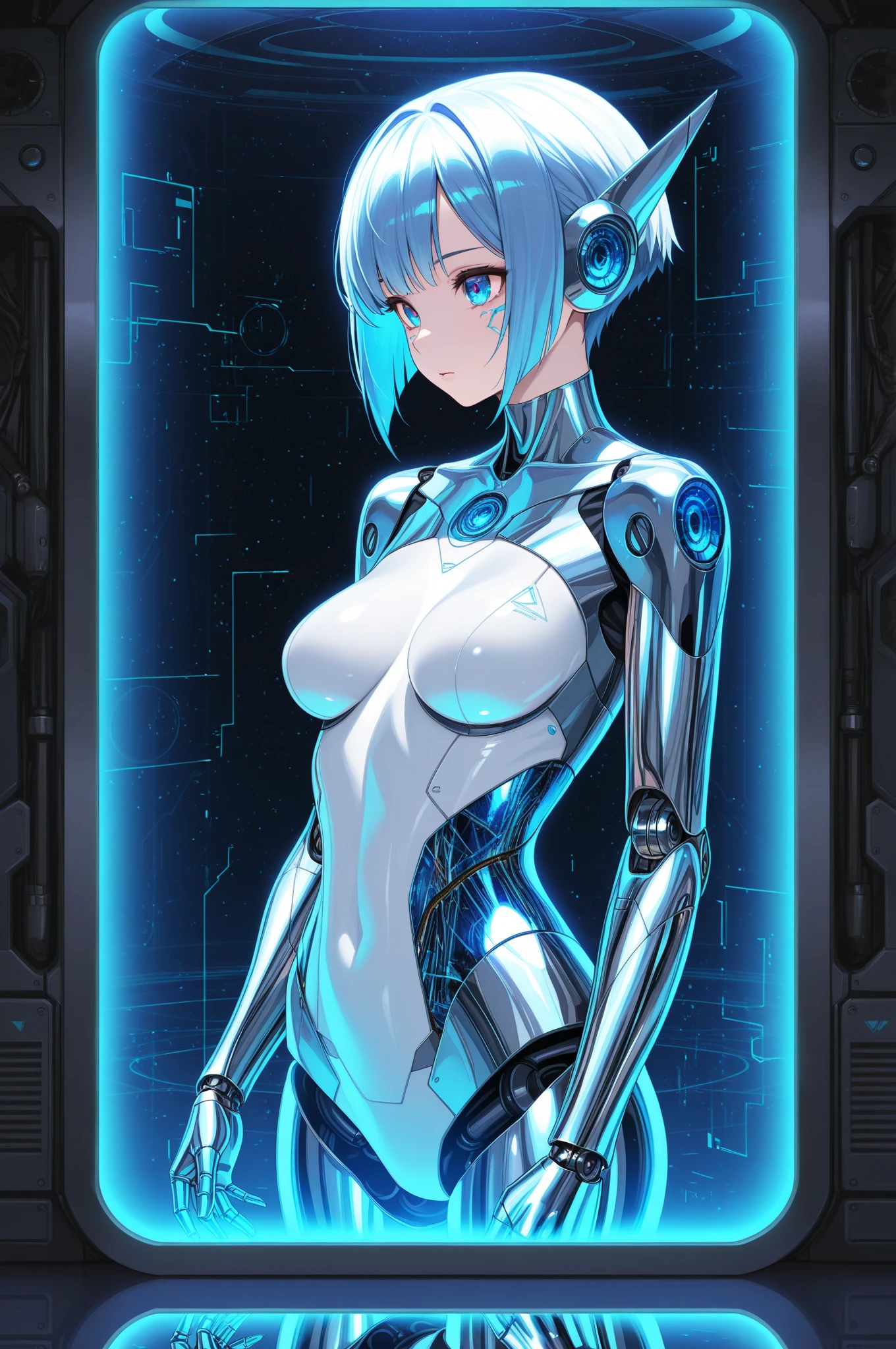 circuit patterns trims, violetblue life stream,white body,blue hair,purple eyes,big breasts,crotchless leotard,topless,robot joints,seams,look at viewer,holographic,realistic,photo shot