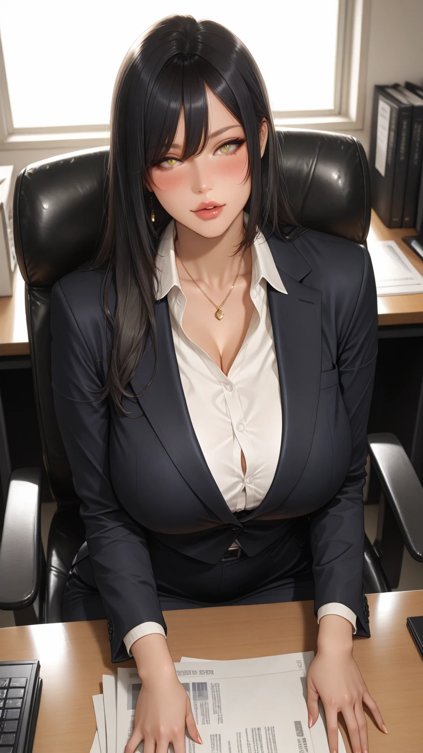 Beautiful girl, black hair, big breasts, wear a mafia outfit, sexy post,on the chair,in the office.