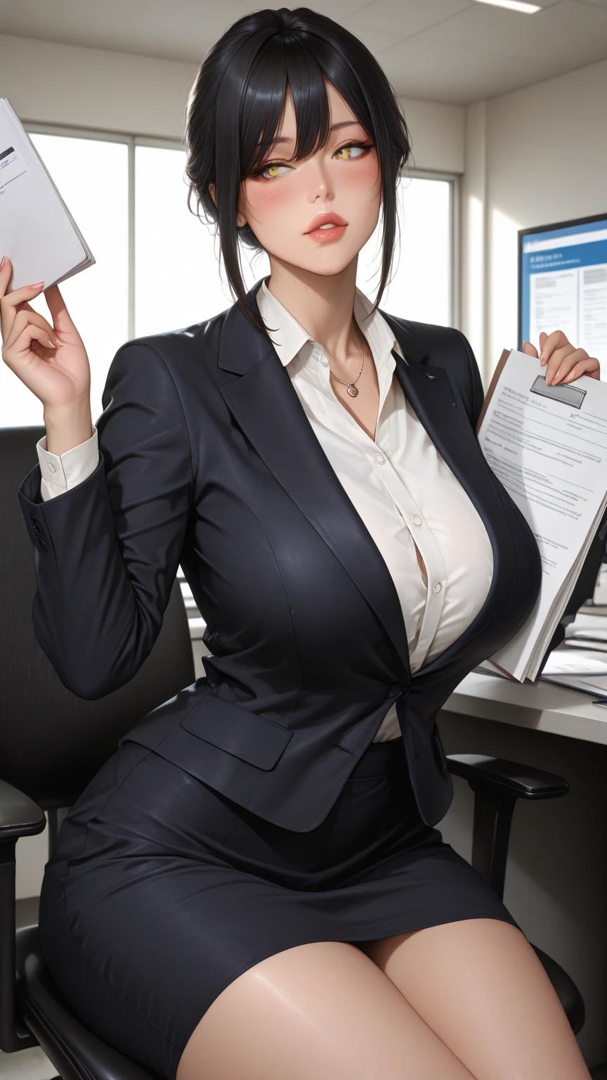 ((1 girl)), Chaterine Ichikawa, Female, Middle Aged Woman, Plump, 56 years old, ((Policecsuit)), Skirt, Portrait, Long hair, Beauty, Messy Office, Sweat, Upper eyes, Looking at camera, Mix Japan person,gravure Idol, Tight Clothes, half naked ,Breast Out, ((K Cup)), ((Big Cleavage))