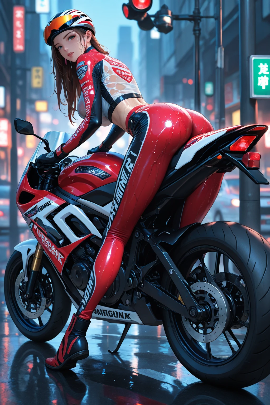 Beautiful woman with medium long hair, Wear a hat, Cyberpunk style shortsBeautiful woman with medium long hair, Wear a hat, Cyberpunk style shorts,1girl has strong cohesion，He has a delicate and beautiful face，Tattoo on arm，Wearing a mecha helmet，Hold the directional controller，(((Riding a KTM motorcycle)))，Background is the high-tech lighting field of the future city