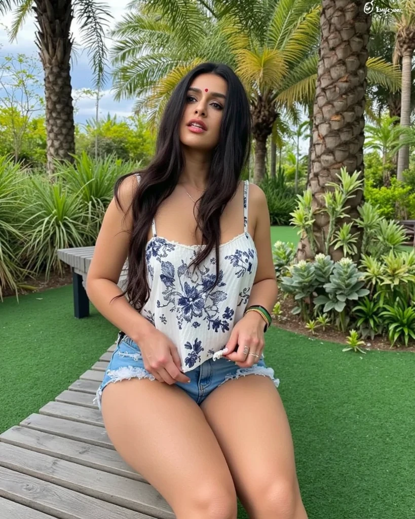 Create an ultra-realistic image of a modern, attractive female influencer of Indian descent, aged between 27 to 30. She should have a warm and inviting smile, expressive almond-shaped eyes with a slight shimmer, and clear, glowing skin with a medium brown complexion. Her features should be well-defined, with high cheekbones and a sharp jawline. Her hair should be long, thick, and wavy, with a natural shine and bounce, styled in loose waves, and colored a deep, reddish-purple hue that’s bold yet sophisticated.
She should have a slender yet athletic build, reflecting a healthy and active lifestyle, with a significant emphasis on her gigantic breasts (plump: 1.1) and a notably larger butt size. She is wearing casual and cool attire, including denim shorts that highlight her curves and a bright yellow tank top that accentuates her toned figure. Her outfit is completed with stylish black heeled sandals that add elegance to her look. She accessorizes with subtle yet chic jewelry, such as small hoop earrings and a few thin bangles.
The background should be a vibrant, poolside setting with relaxing and stylish areas, poolside lounges, and a bright, sunny backdrop. Her overall appearance should exude confidence, approachability, and sophistication, capturing the essence of a contemporary Indian fashion influencer with a focus on her bust.