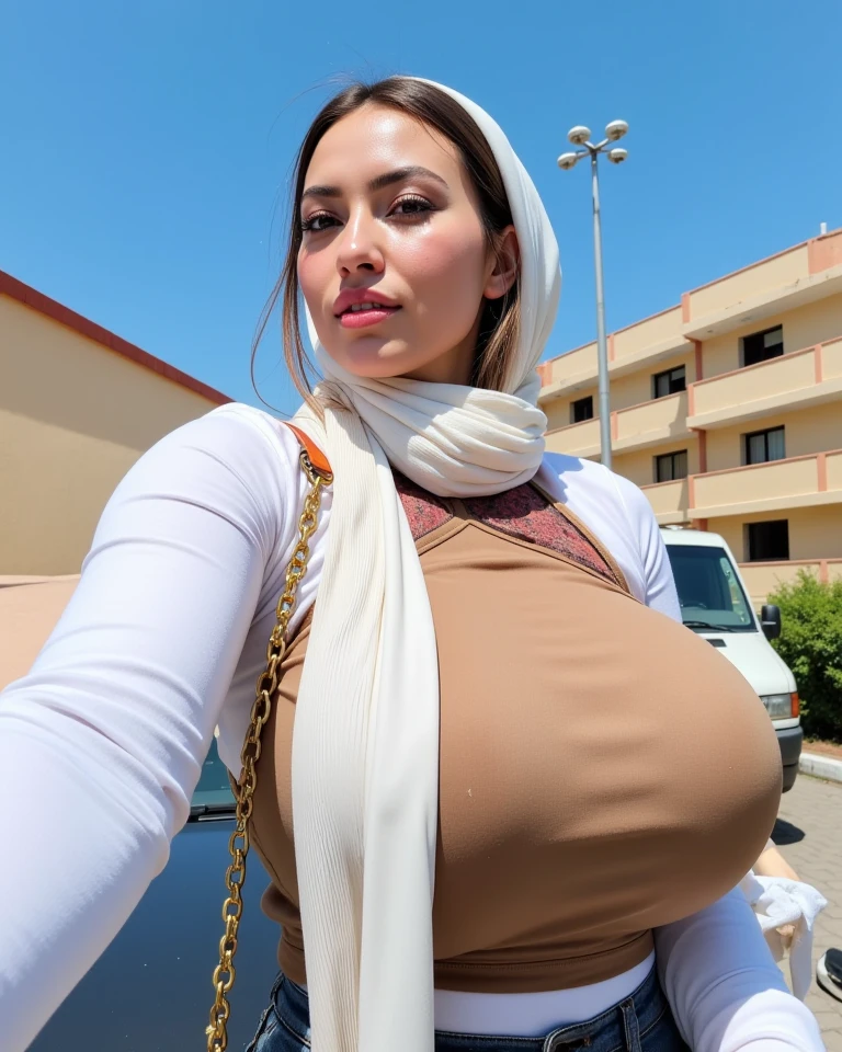 arab middle eastern milf, bbw, gigantic breasts, curvy, thick, big wide hips, black hijab, slim waist, sun glasses, on the desert, strong eyebrow, big lips, golden jewelrys, sun light,