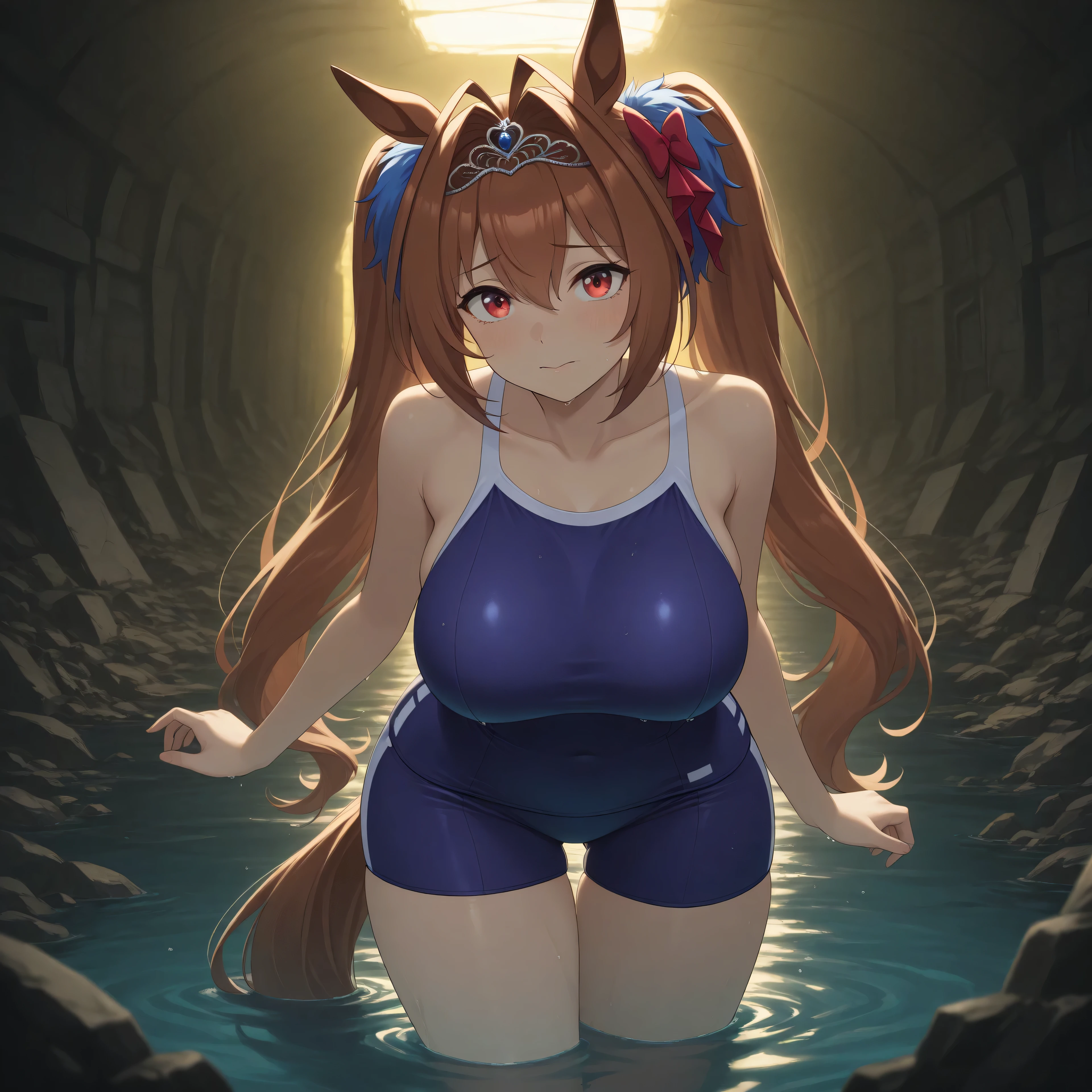 anime, masterpiece, best quality, amazing quality, underground bunker, flooded, waist-high water, small side room, rubble, dim lighting, yellow lighting, 1girl, solo, dwstswim, horse tail, brown hair, hair intakes, hair between eyes, antenna hair, sidelocks, twintails, hair bow, red bow, tiara, blue gemstone, animal ears, red eyes, tracen swimsuit, blue one-piece swimsuit, competition school swimsuit, single vertical stripe, bare shoulders, collarbone, large breasts, scared, nervous,