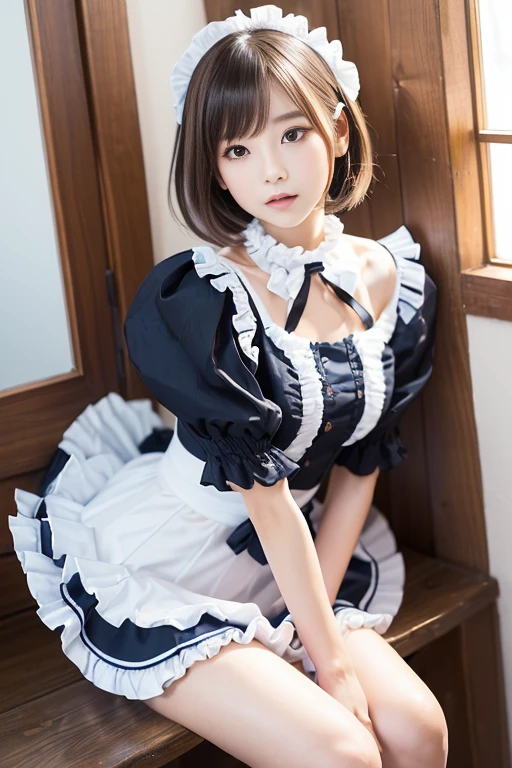 8K, ultra high resolution, best quality, masterpiece, surreal, picture, 1 girl, (16 years old: 1.3), Pretty Woman, Cute face, beautiful details, (maid uniform: 1.5), ((shining eyes)), in the garden, stockings, high heel