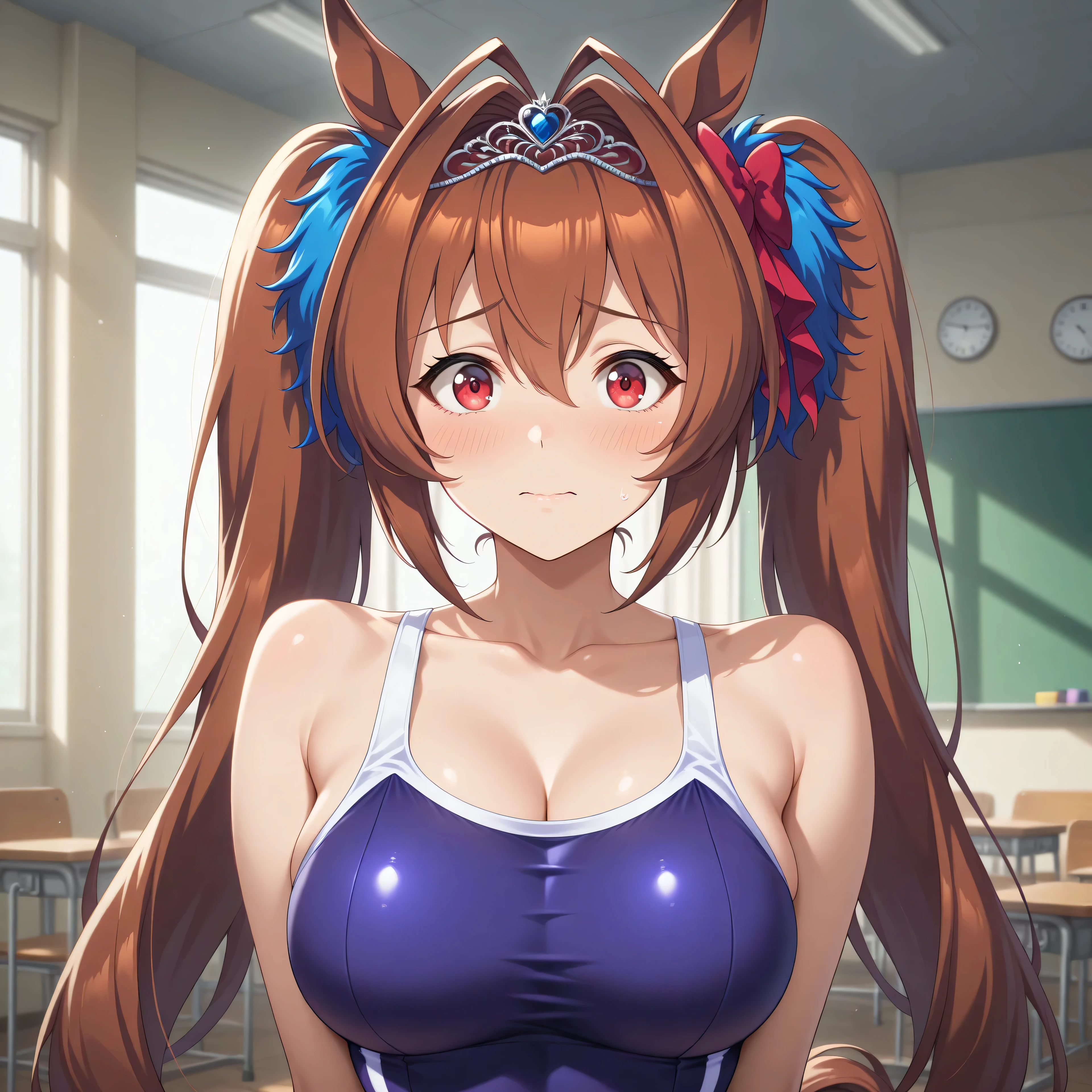 anime, lazypos, masterpiece, best quality, amazing quality, college dorm room, yellow lighting, 1girl, solo, dwstswim, horse tail, brown hair, hair intakes, hair between eyes, antenna hair, sidelocks, twintails, hair bow, red bow, tiara, blue gemstone, animal ears, red eyes, tracen swimsuit, single vertical stripe, bare shoulders, collarbone, large breasts, scared, nervous,