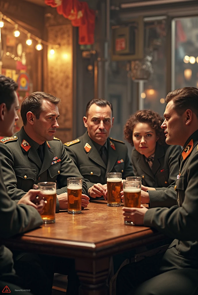 there are two men in uniform sitting at a table with beer, screenshot from a movie, shot from danis villeneuve movie, still image from tv series, full color still, still from a live action movie, scene from live action movie, set in ww2 germany, scene from a movie, still image from the movie, still from a movie, scene from the film