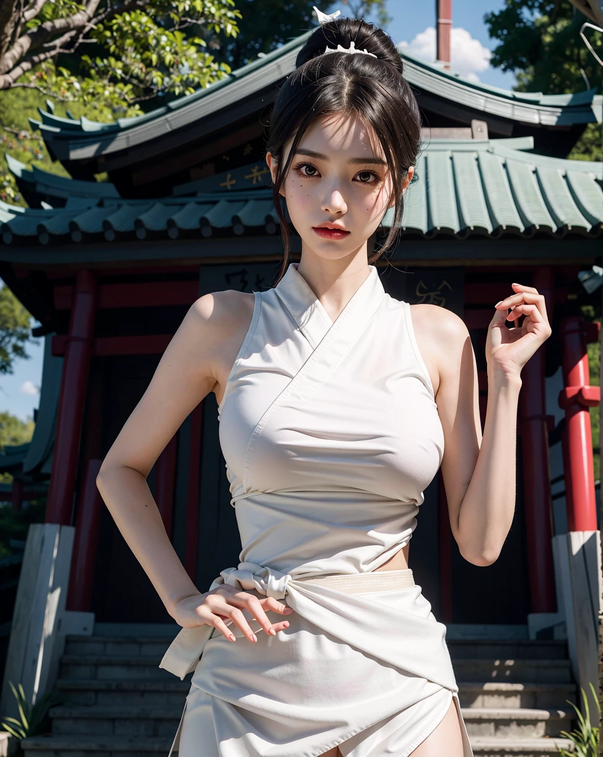 highest quality,masterpiece,ultra high resolution,(realistic:1.4),Xiuxian,arm,detailed face, 1 girl,alone,arm,cleavage,(magic circle:1.2),Xiuxian,Upper body,beautiful girl,(full body:1.1),full body,huge breasts,east asian architecture,sheath,architecture,, ((15 year old girl, slim, thin waist, thin thighs, thin arm)), ((raise your arm, Please show me your armpits)), ((I can see your breasts)), ((Wet and transparent clothes)), ((transparent clothes)),beautiful butt,beautiful back,back view,bare ass