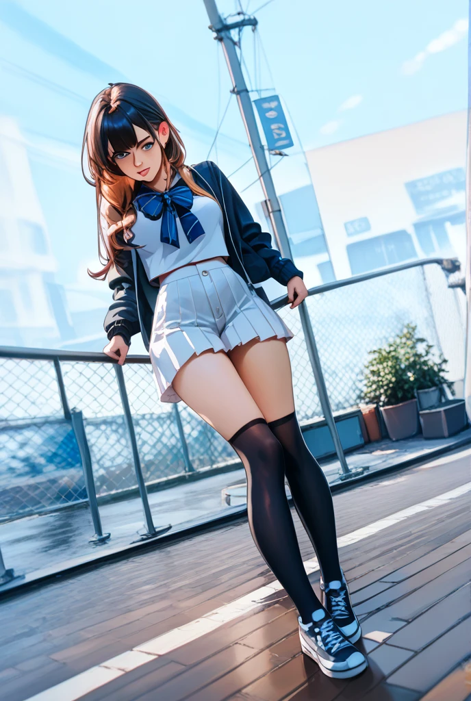 atmospheric perspective, 8K, Super detailed, Accurate, highest quality, anime background, 1 female, (ecstasy face), (droopy eyes), (blush), (sleepy), Luxuriously designed and brightly colored panties, (Her wet panties are digging into her crotch.), Draw pants with super precision, (Thigh-high stockings), ((showing off her panties, She straddles herself and rubs her crotch against the pipe frame while masturbating)), spread legs, open your mouth, ((swollen areola)), Winter clothes, Strange pose, outside,Sweat