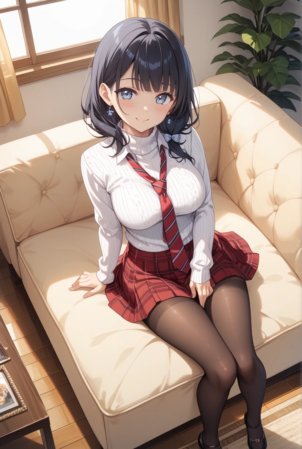 very cute and beautiful girl,(Very detailed美しい顔), (smile),blush,Seraphim,Pleated navy blue mini skirt,Black Hair,Sitting,Spread your legs,White panties, Wooden classroom,window,Distant Tree々and the city, (Highest quality,masterpiece:1.0),Absurd,High resolution,Very detailedな,Very detailed,32K,8k resolution, Intricate details,Movie Scenes,Detailed Background,alone,Dynamic Angle,Black Hairロングヘア。Big Breasts