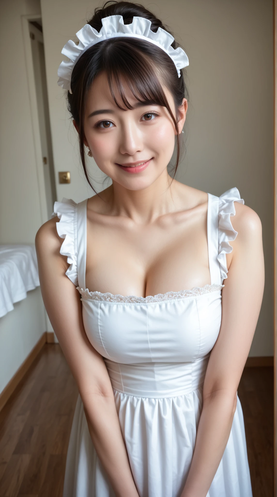 (masterpiece:1.1, Best Quality:1.1, 32K HDR, High resolution), (1girl in, Solo), Ultra-realistic portrait of Chi-Chi, ((Older Chichi, dragonball z, Mature Chichi, A MILF Chichi)), realistic Chichi’s hair style, Black hair, updo hair, Dango Hair, red hair band, Yellow ?????, Nude Apron, earrings, gigantic cleavage, Colossal tits, Huge boobs, huge-breasted, (((down blouse, nip slip))), (Inside an abandoned hut:1.1, Messy kitchen, Perfect slim body:1.1), hyper detailed face, Detailed eyes, Realistic skin texture, Detailed explanation of the skin, (((leaning forward posture))),
