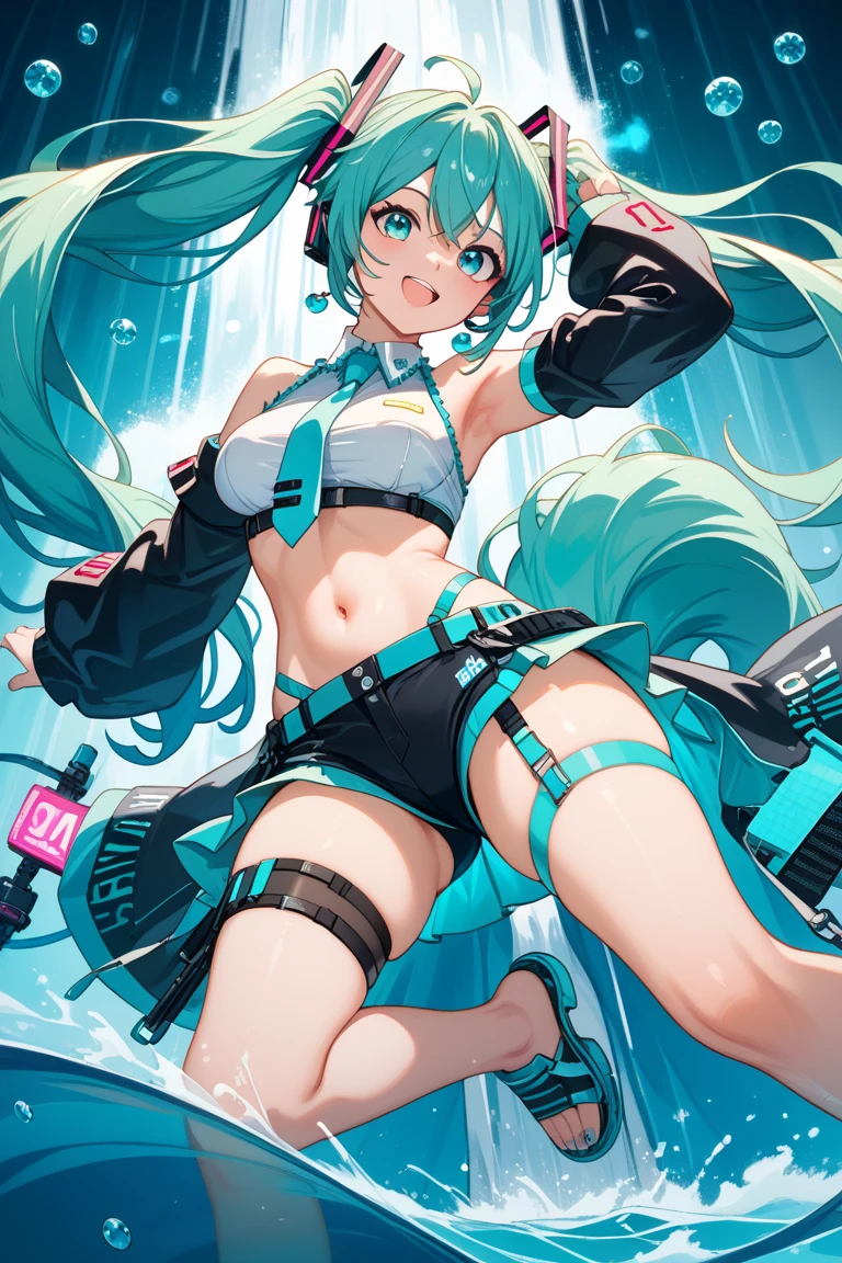 hatsune_miku, race queen, bare legs, belt on right leg, beautiful stomach, stylish, cool, noon, bright, perfect hand, super delicate, ultra detailed, 8k