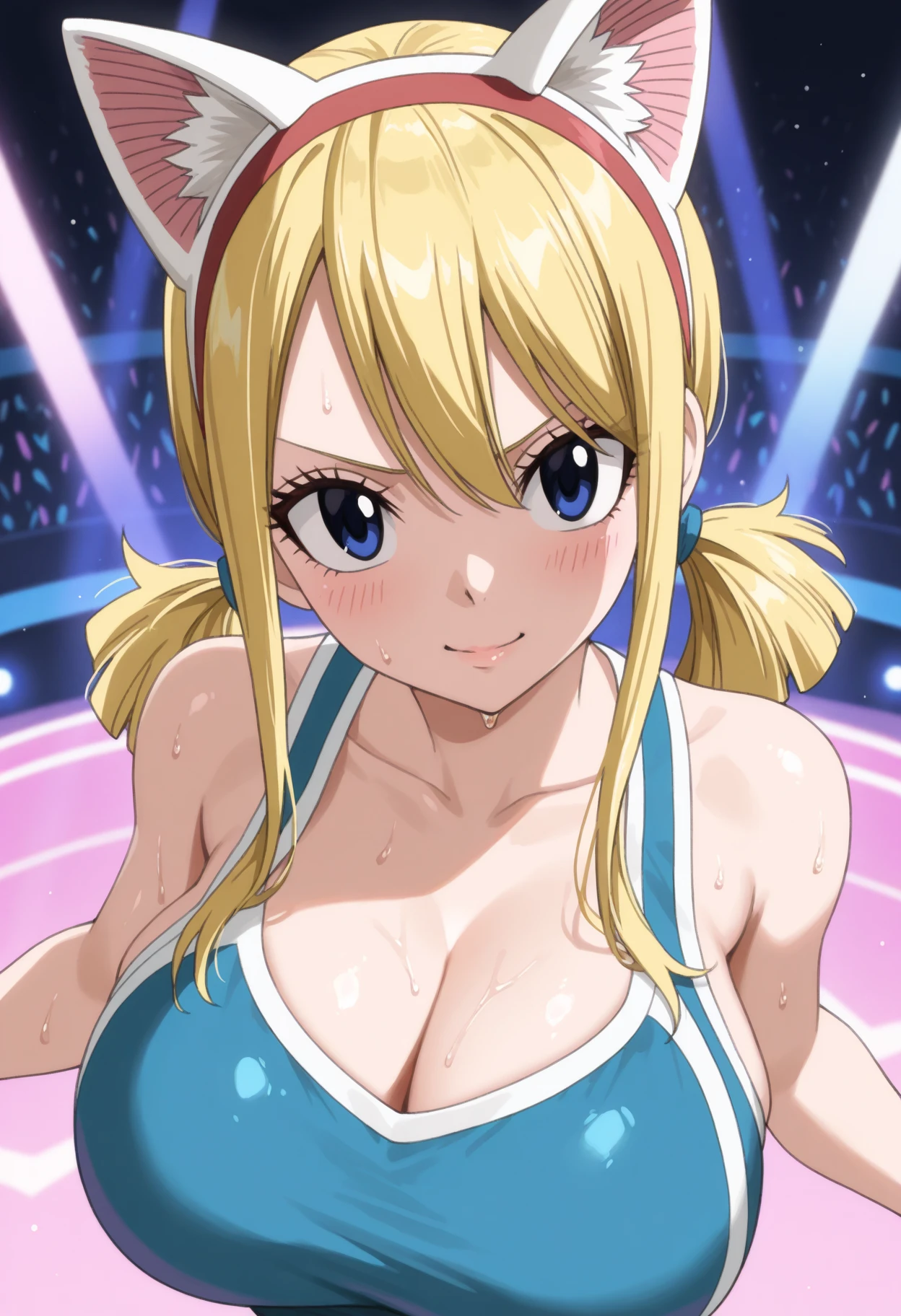 ((masterpiece, best quality)), insaneres, absurdres, solo, looking at viewer, BlondeHair_BadLaunch_ownwaifu, 1girl, long hair, blonde hair, curly hair, hair ribbon, blue eyes, medium breasts, red hairband, eyelashes, bangs, bare shoulders, collarbone, little dark pink tight dress, t3ghtdr3ss, bare legs, outdoors, depth of field, vanishing point, arms at sides, (contrapposto), smile, close up portrait