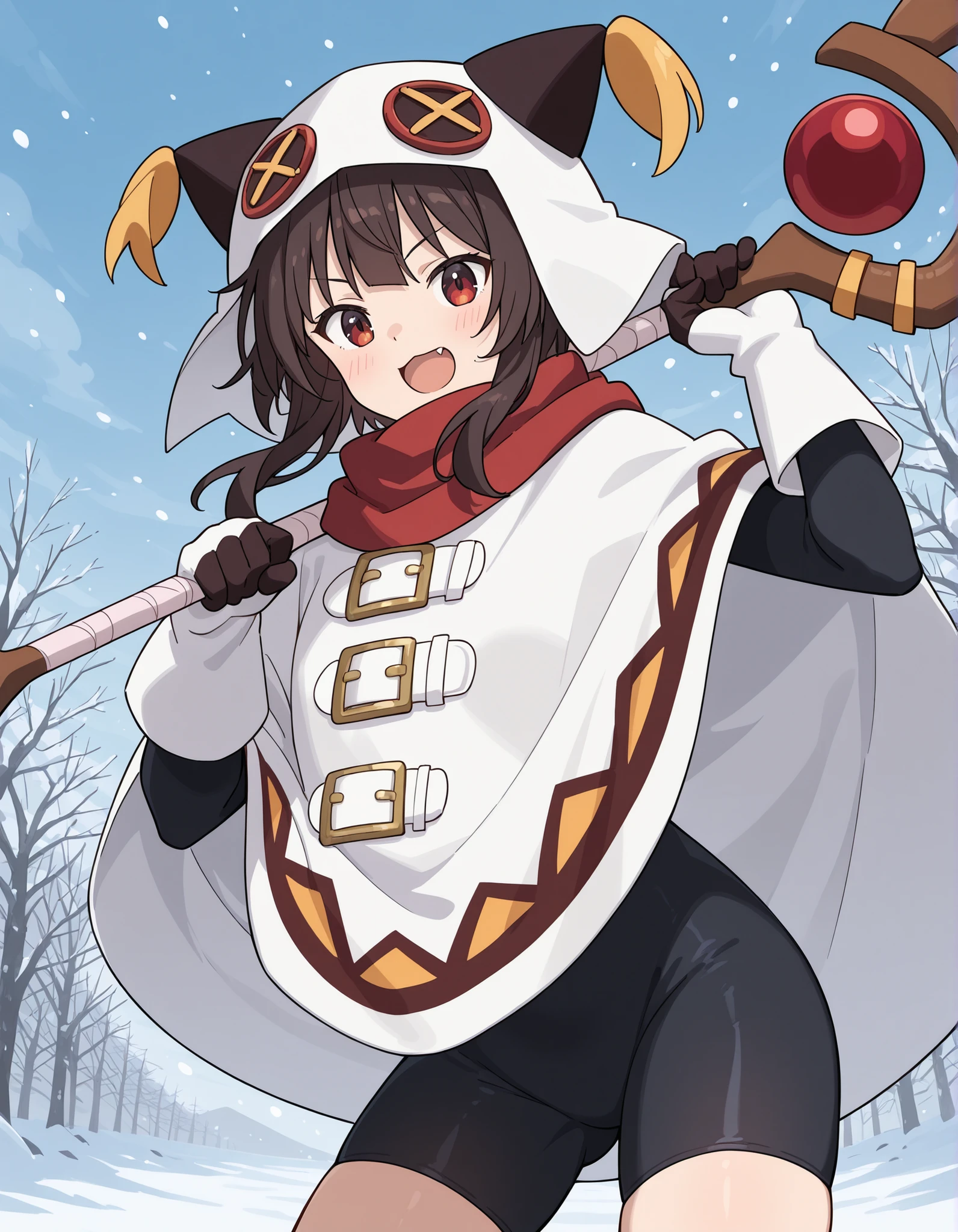 MeguminWInter-Liver020, 1girl, solo, short hair, brown hair, black hair, short hair with long locks,, winter clothes, cat ears, white hoodie, white hood, red scarf, white cape, gloves, black , alt outfit, white poncho, black animal ear hood, animal ear hood, hood up, bike shorts, belt buckle, white wrist guards,, black sleeves