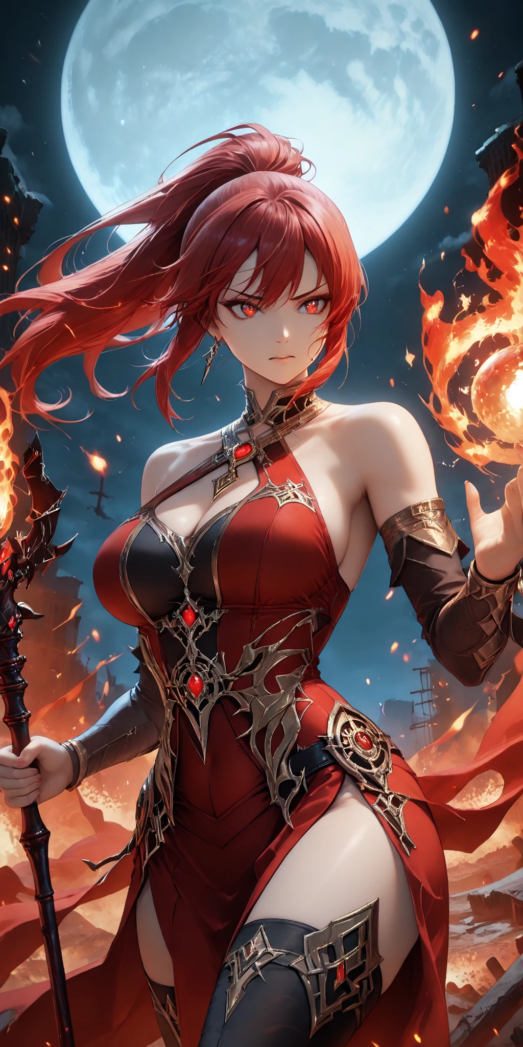 "(best quality,highres,ultra-detailed),Girl,fire mage,wooden staff with purple gem,engulfed in fire aura,mysterious eyes,flowing red hair,ornate robe with intricate patterns,dark and intense atmosphere,spellcasting motion,captivating flames,translucent smoke,otherworldly energy,vivid colors,dramatic lighting"