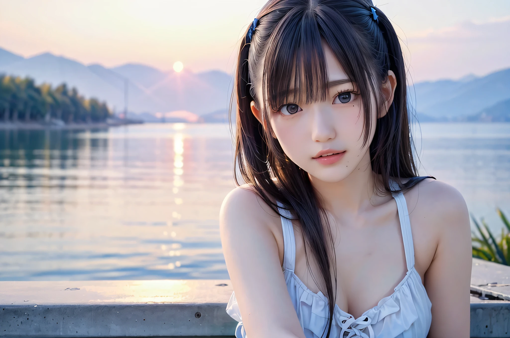 nagatoro, magical school student uniform, Realistic Schoolgirl, beautiful anime high school girl, shikamimi, realistic anime 3 d style, Smooth Anime CG Art, visual novel cg, iwakura lain, Ecchi anime style, Anime visuals of cute girls, Hinata Hyuga, melhor qualidade, super detalhado, rosto lindamente detalhado, anatomia completa, 1girl, solo, partial immersion, bolhas, clouded skies, sbikini, big waves, ilha deserta, peixes koi amarelos,