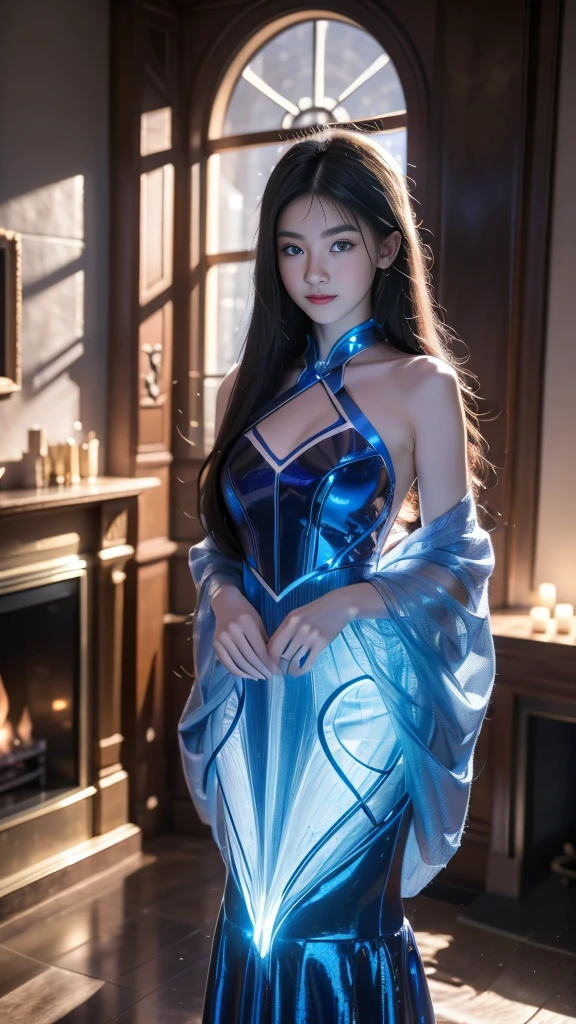 sagisawa fumika, 1girl, solo, watch, pendant watch, blue eyes, breasts, gloves, tiara, dress, long hair, cleavage, looking at viewer, white gloves, bare shoulders, open mouth, large breasts, strapless, choker, blush, white dress, black hair, brown hair, hair between eyes, strapless dress, collarbone, smile, bangs, on stage,