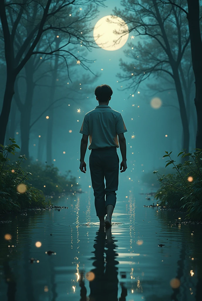 Handsome Sad Korean Guy looking up at the sky for hope, dreamy night's, fireflies environment, upscaled, hyperrealism