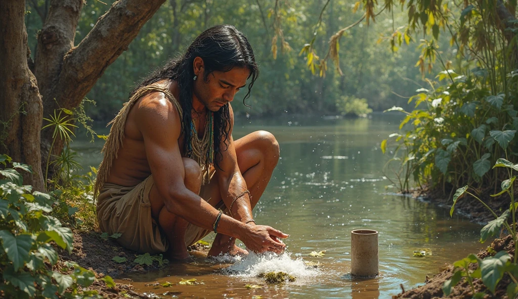 Understand the message. Points to the nearby river, signaling that this is the main resource for subsistence of their tribe, showing hands in the shape of fish to indicate fishing.