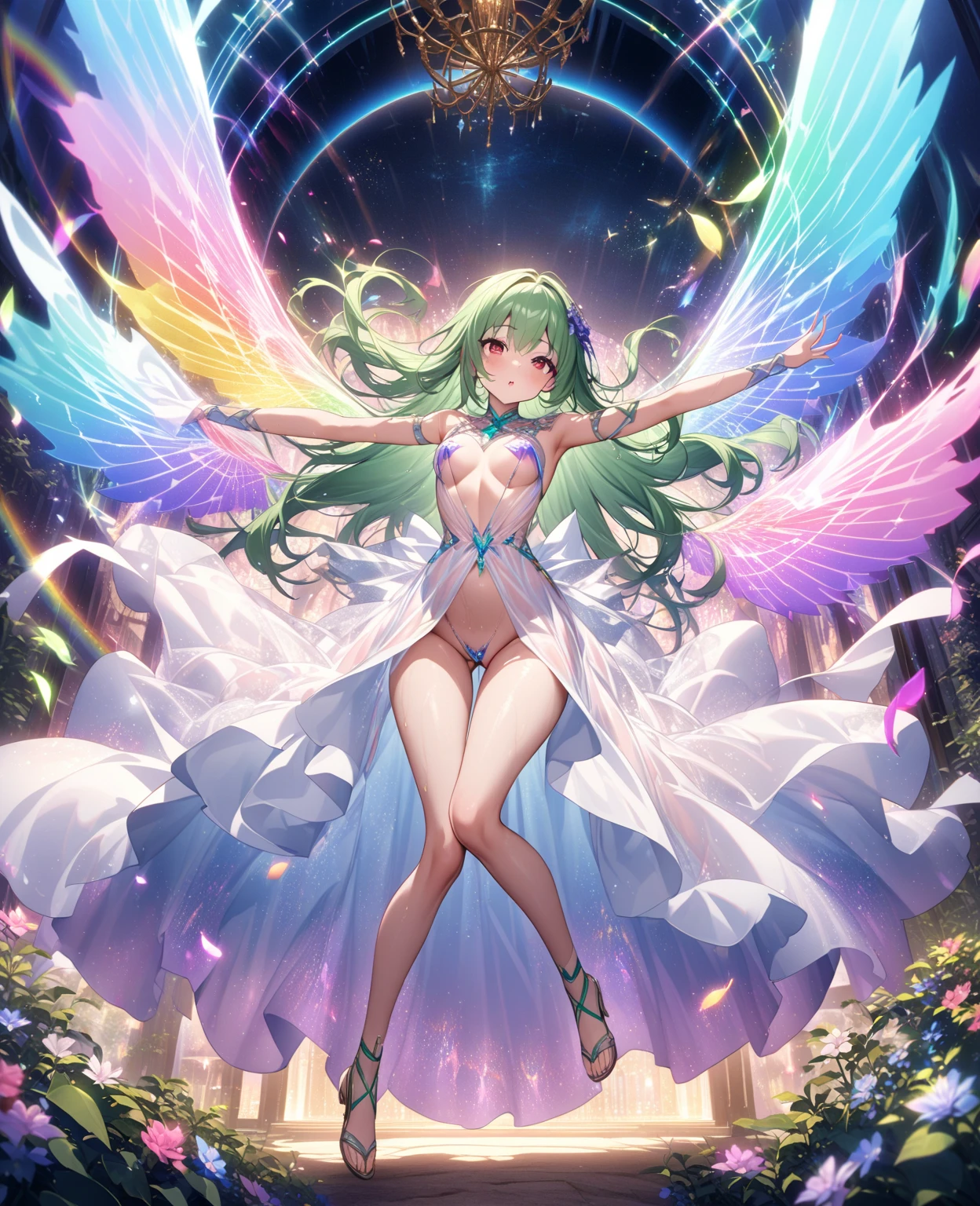 "A stunning princess (Large breasts), adorned in (Pink princess dress) and a beautiful (head gear). Her hair is vibrant in shades (Pink), Offset by her (Green eyes). captivating and mesmerizing, She exudes an aura of palatial beauty，It will definitely leave a lasting impression, Palace"